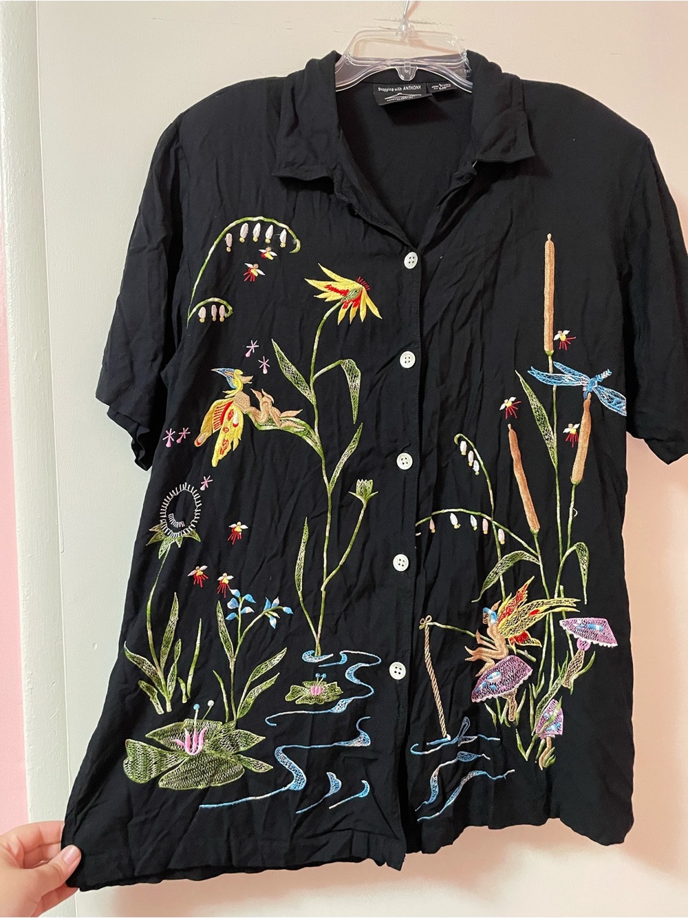 Vintage 80s 90s Black button-up shirt with embroidered fairy, floral, insect